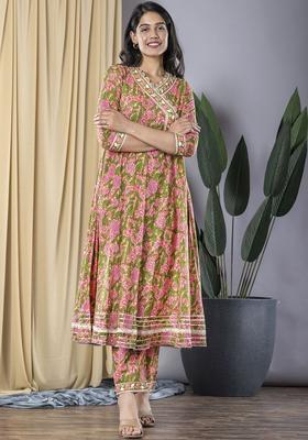 Peach Embroidered Cotton Anarkali Set