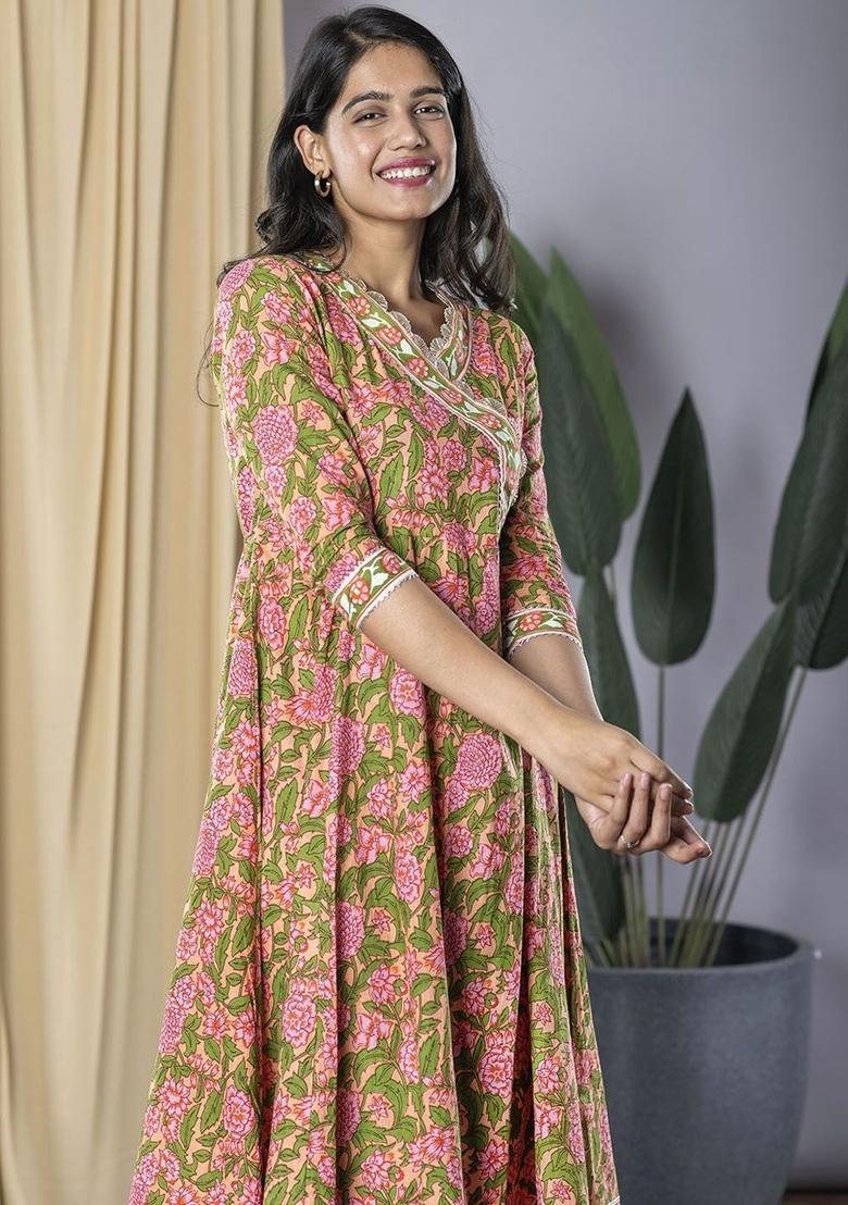 Peach Embroidered Cotton Anarkali Set - Indya