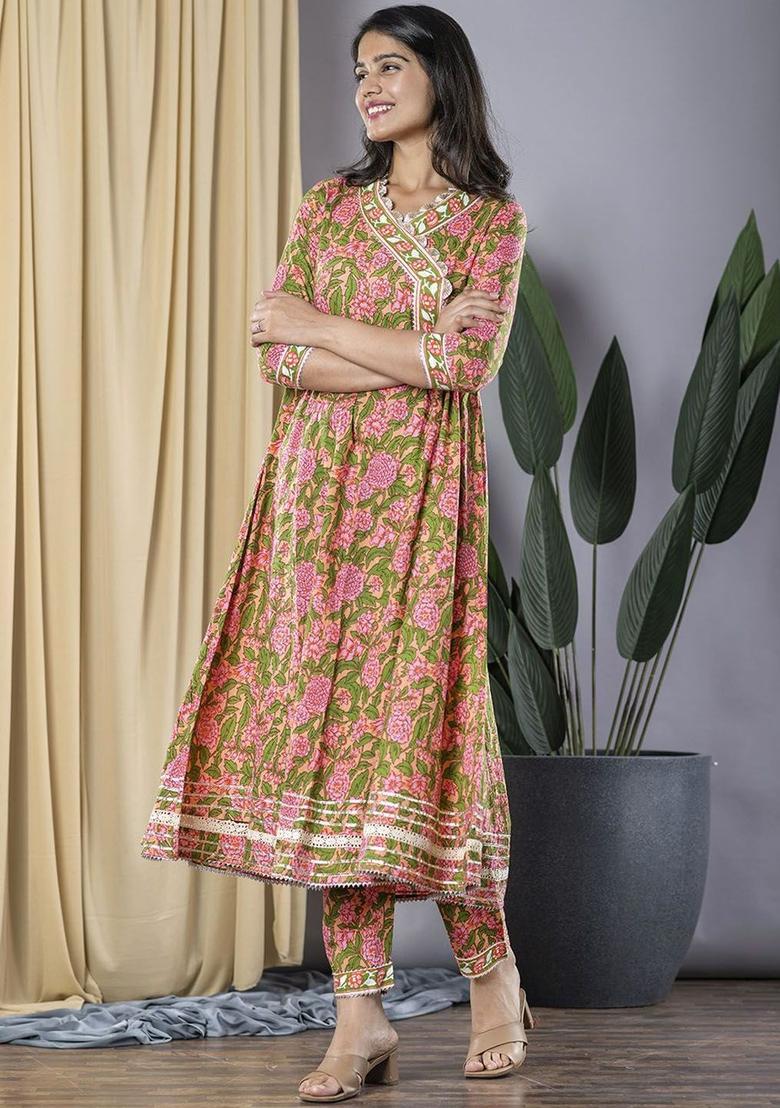 Peach Embroidered Cotton Anarkali Set - Indya