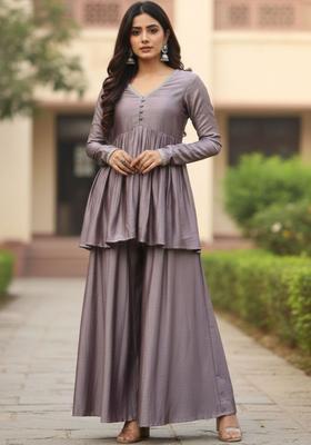 Grey Solid Silk Kurta Set