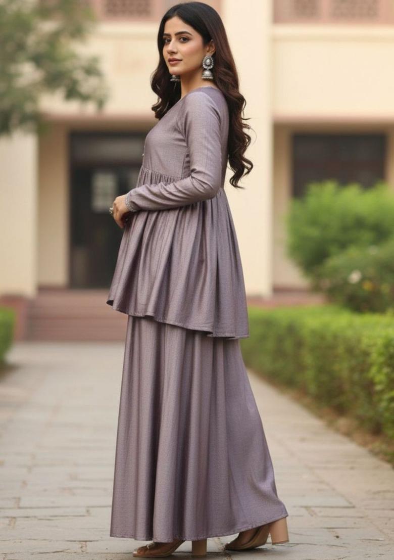 Grey Solid Silk Kurta Set - Indya