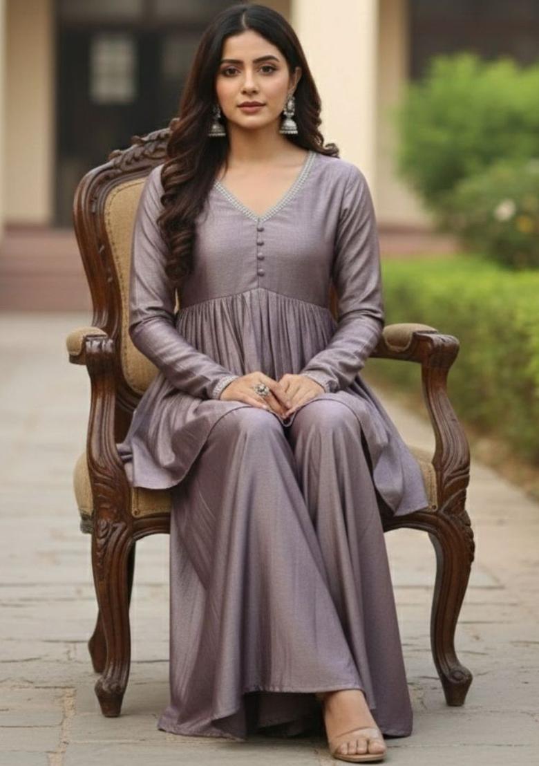 Grey Solid Silk Kurta Set - Indya