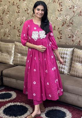 Pink Embroidered Viscose Anarkali Set