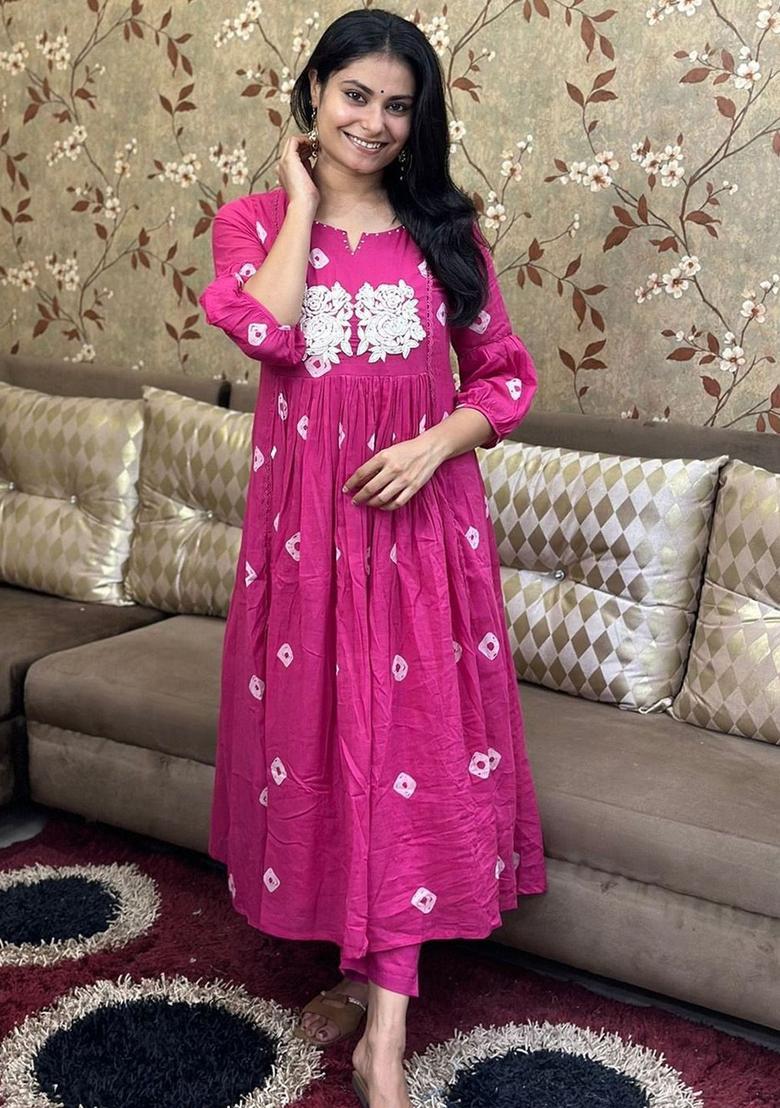 Pink Embroidered Viscose Anarkali Set - Indya