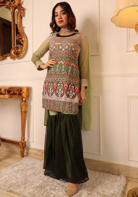 Green Embroidered Georgette Kurta Set