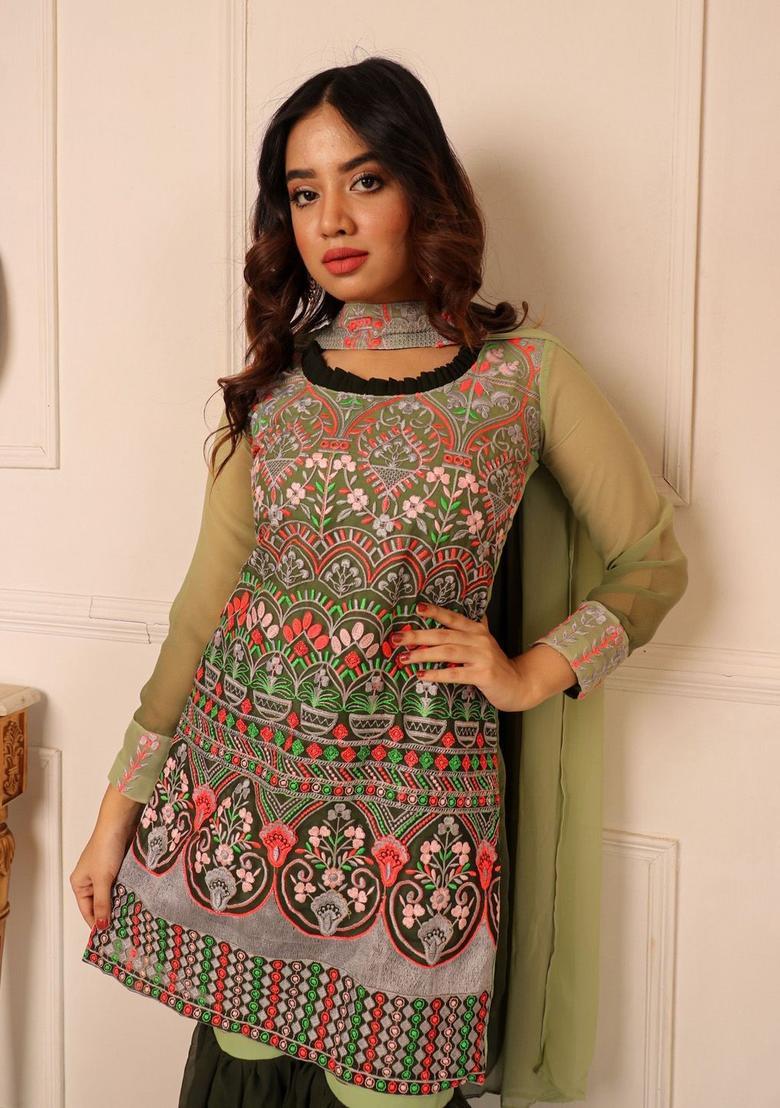 Green Embroidered Georgette Kurta Set - Indya