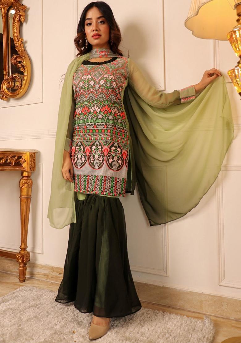 Green Embroidered Georgette Kurta Set - Indya