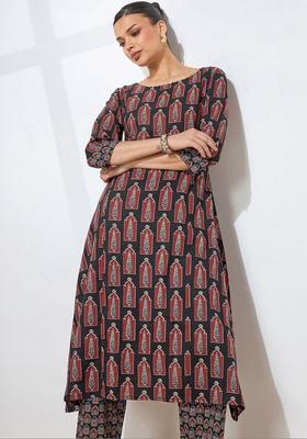 Black Printed Cotton Kurta Set