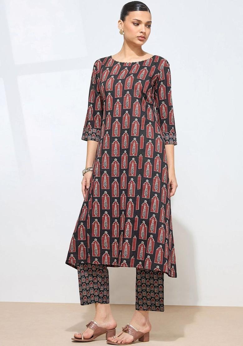 Black Printed Cotton Kurta Set - Indya