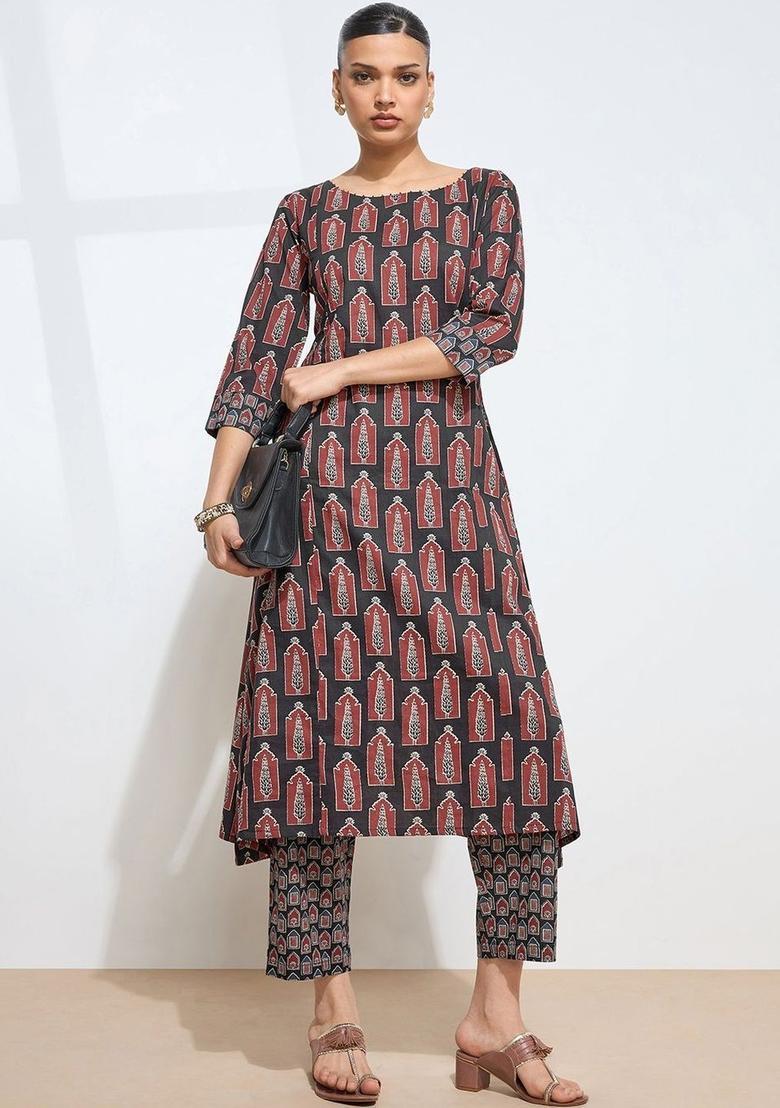 Black Printed Cotton Kurta Set - Indya