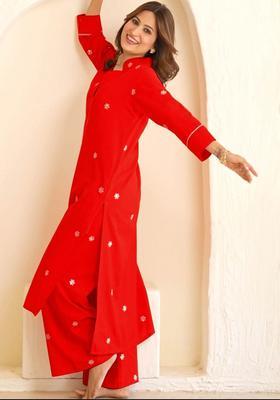 Red Embroidered Viscose Kurta Set