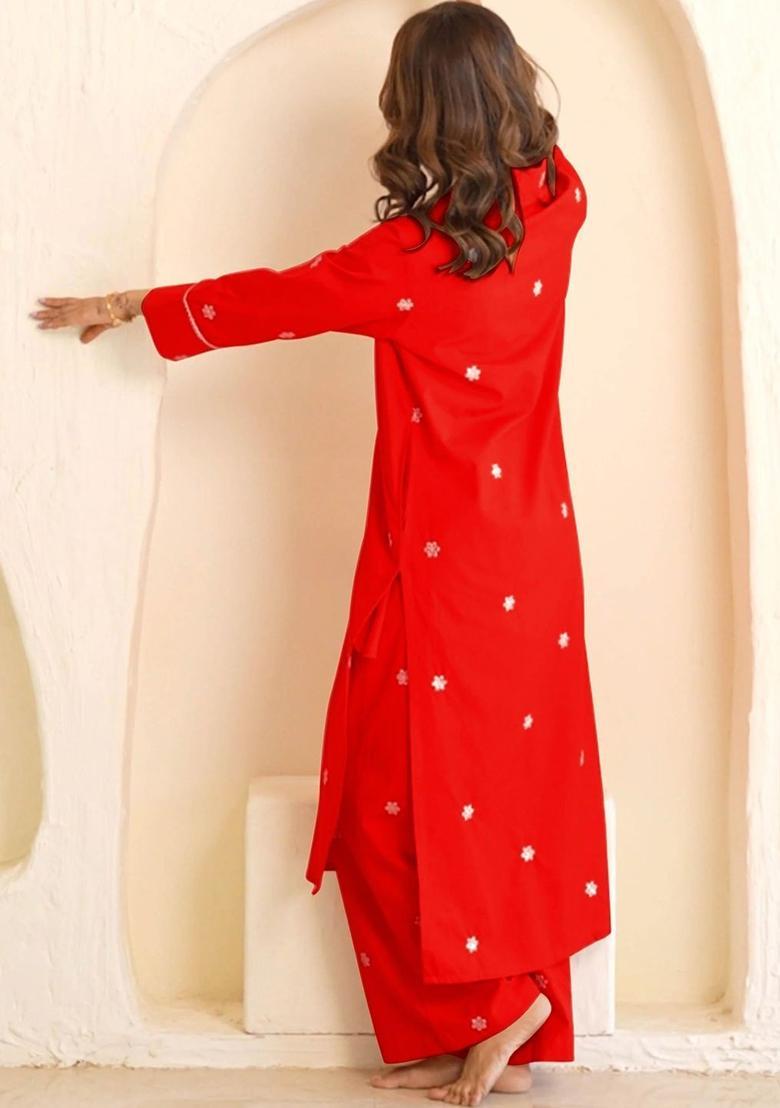 Red Embroidered Viscose Kurta Set - Indya