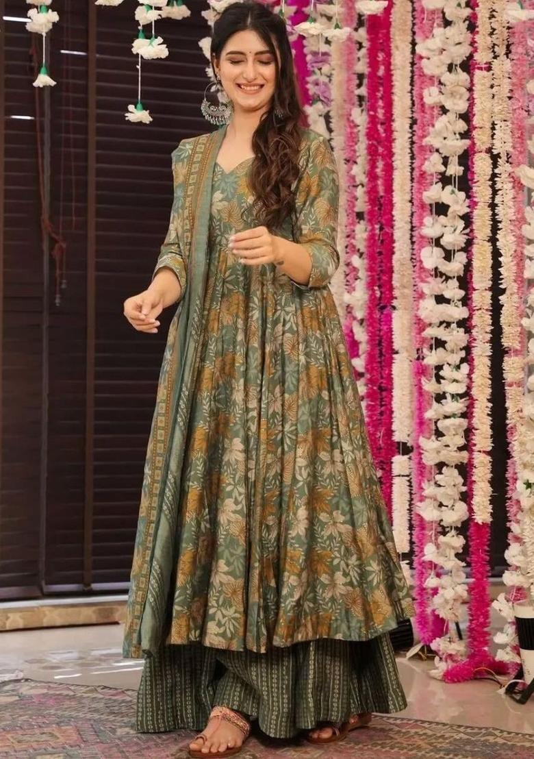 Olive Printed Viscose Kurta Set - Indya