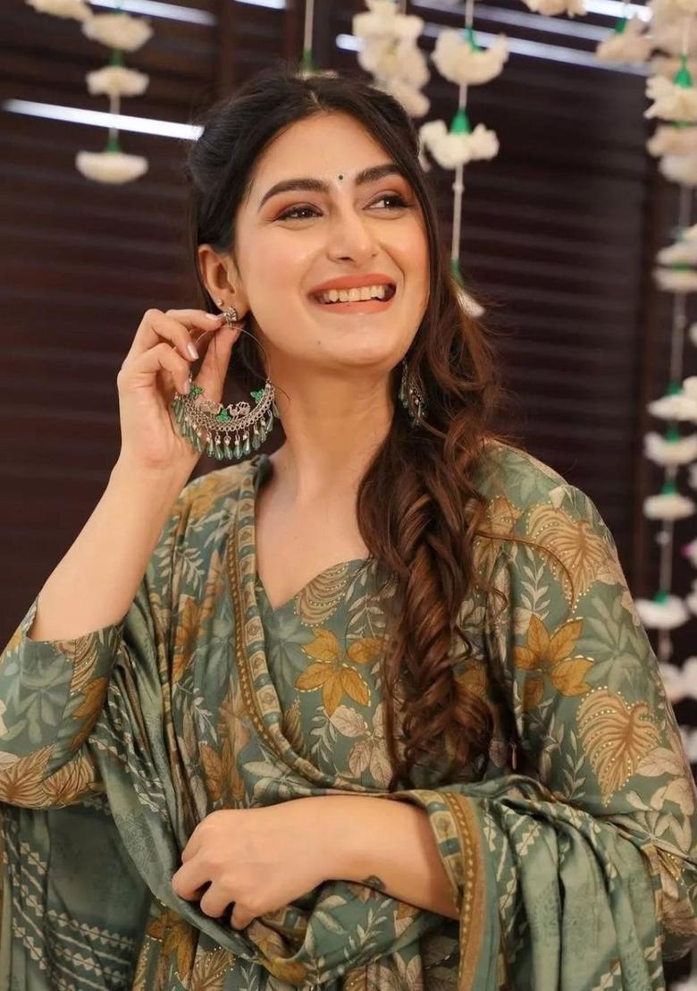 Olive Printed Viscose Kurta Set - Indya