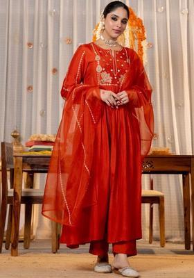 Red Embroidered Silk Kurta Set