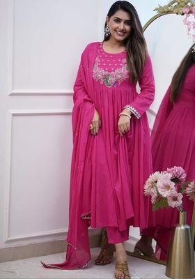 Pink Embroidered Chinon Kurta Set