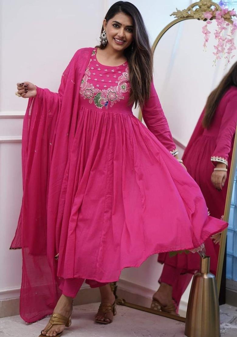 Pink Embroidered Chinon Kurta Set - Indya