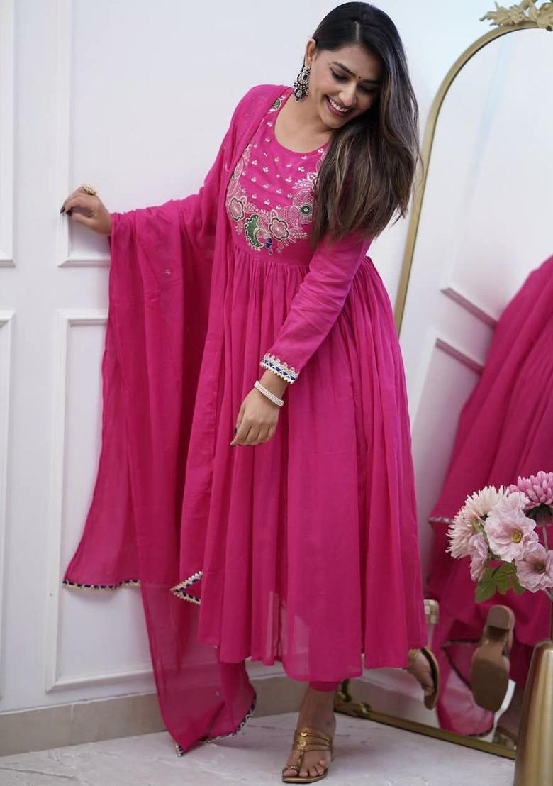 Pink Embroidered Chinon Kurta Set - Indya
