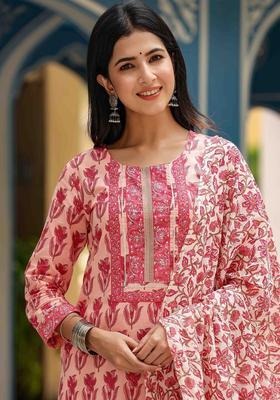 Peach Printed Cotton Kurta Set