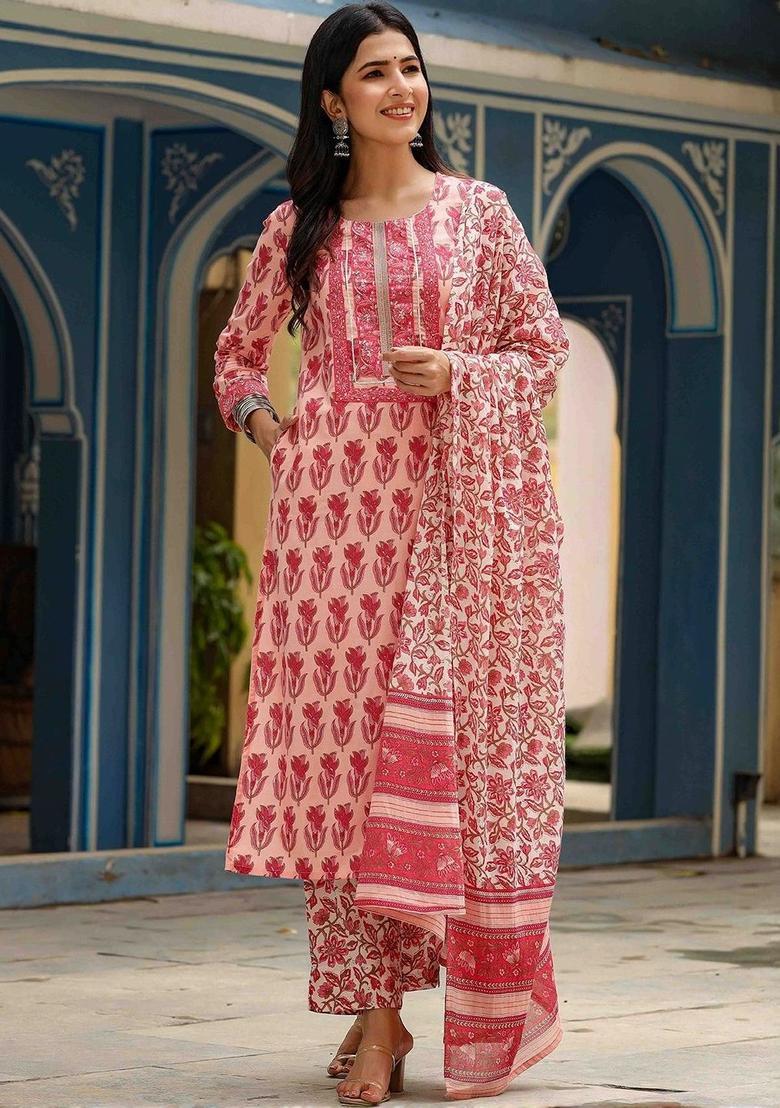 Peach Printed Cotton Kurta Set - Indya