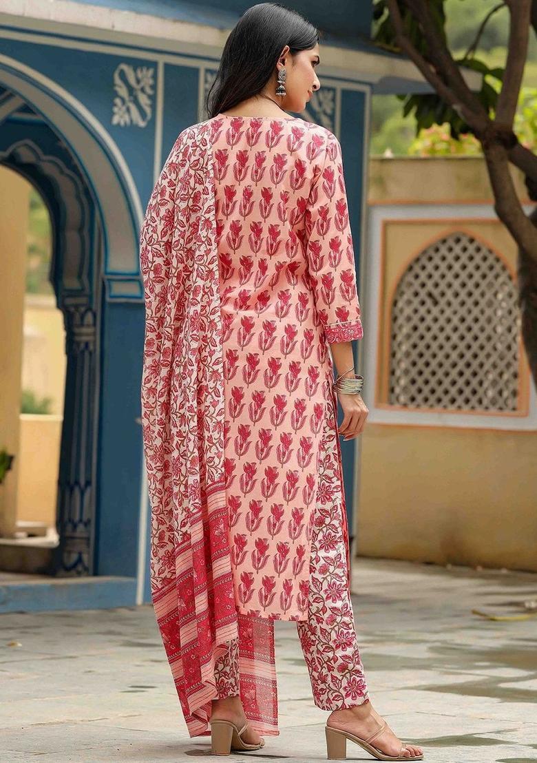 Peach Printed Cotton Kurta Set - Indya