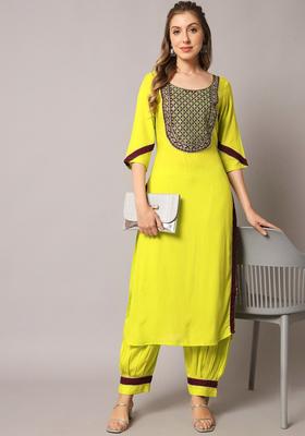 Lime Green Embroidered Viscose Kurta Set