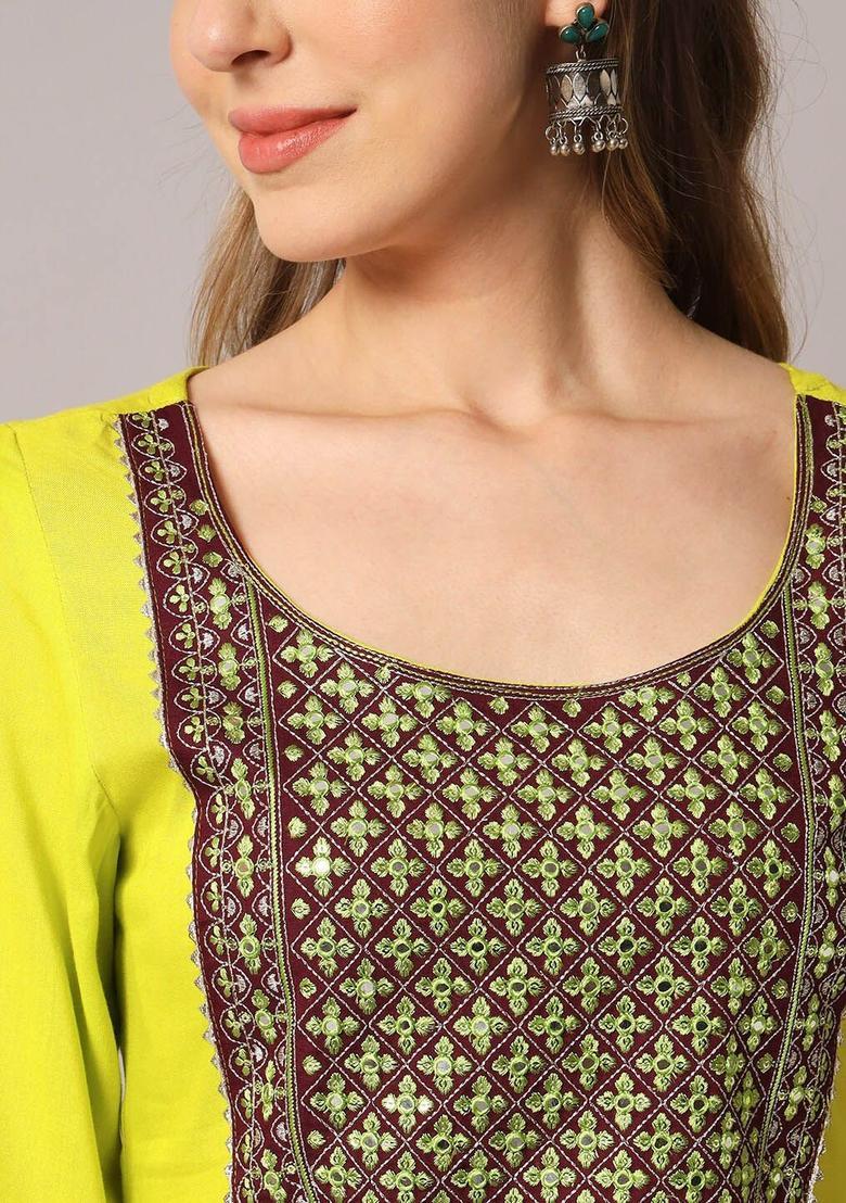 Lime Green Embroidered Viscose Kurta Set - Indya