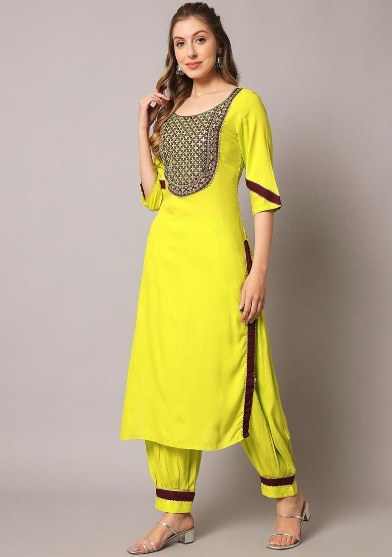 Lime Green Embroidered Viscose Kurta Set - Indya
