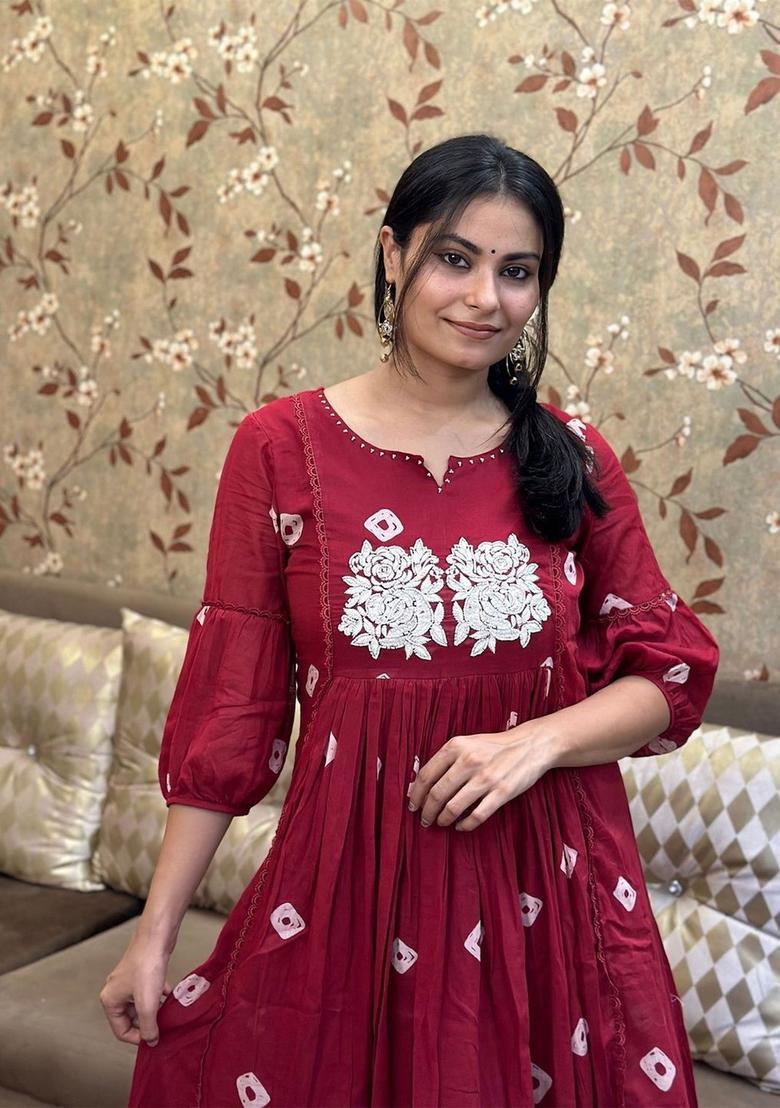 Maroon Embroidered Viscose Anarkali Set - Indya