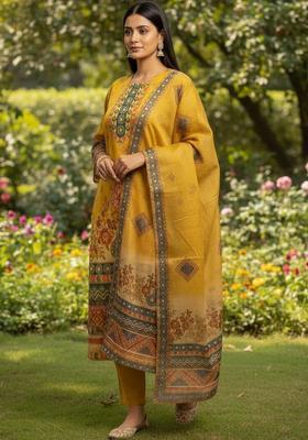 Mustard Self Design Silk Kurta Set