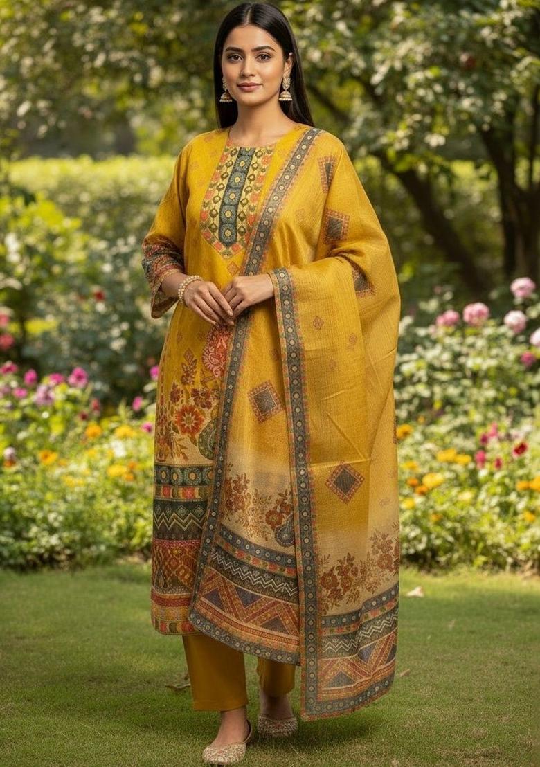 Mustard Self Design Silk Kurta Set - Indya