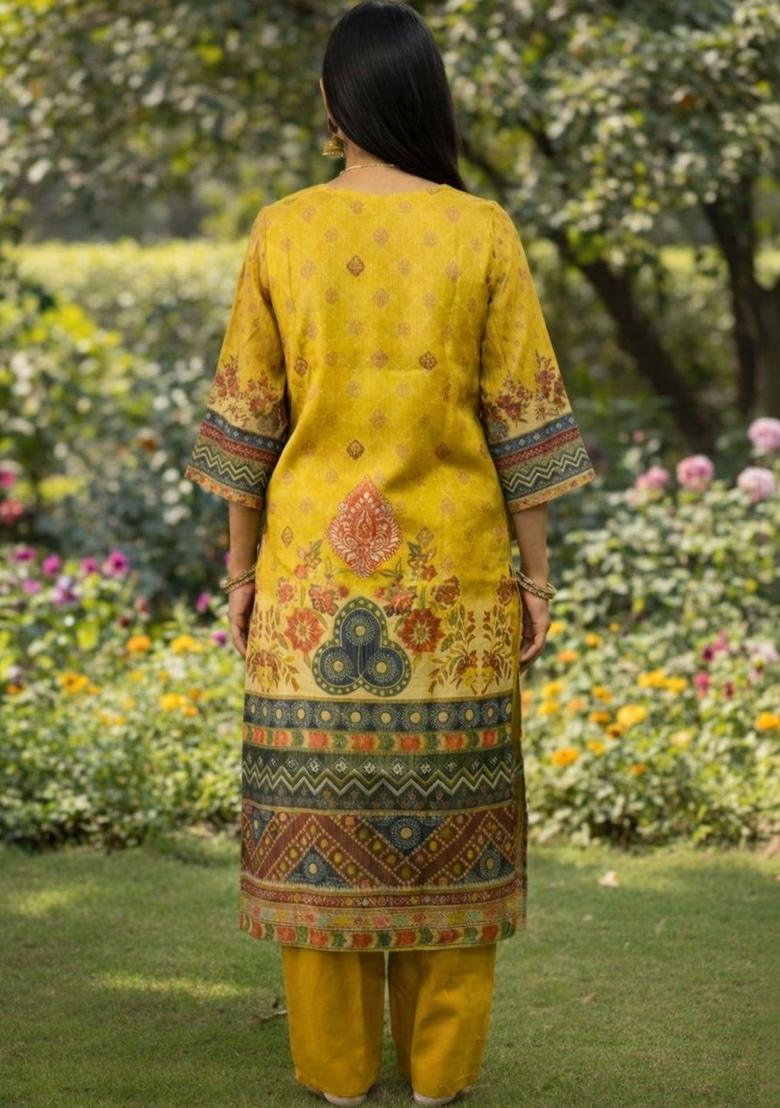 Mustard Self Design Silk Kurta Set - Indya