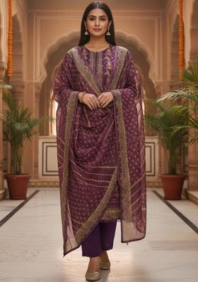 Brown Self Design Silk Kurta Set