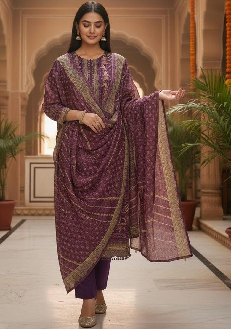 Brown Self Design Silk Kurta Set - Indya