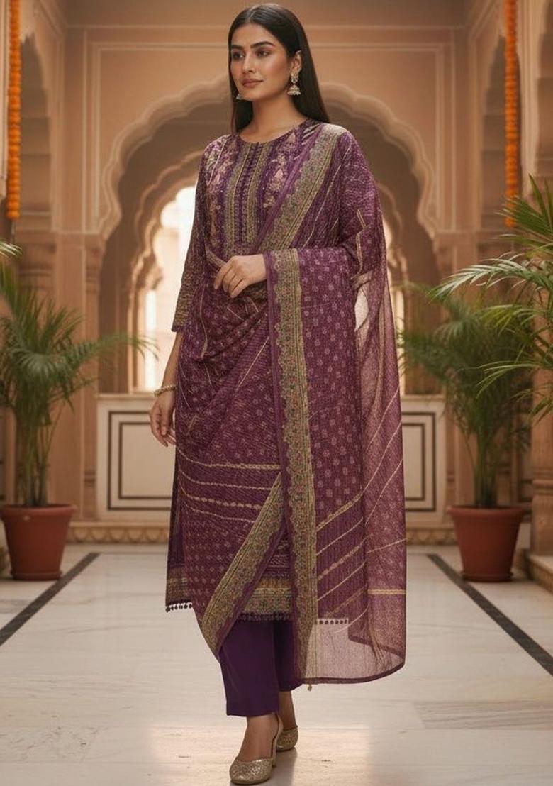 Brown Self Design Silk Kurta Set - Indya