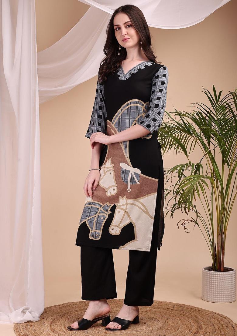 Black Printed Viscose Kurta Set - Indya
