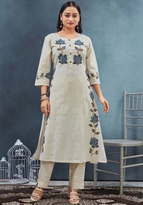 Cream Embroidered Cotton Kurta Set