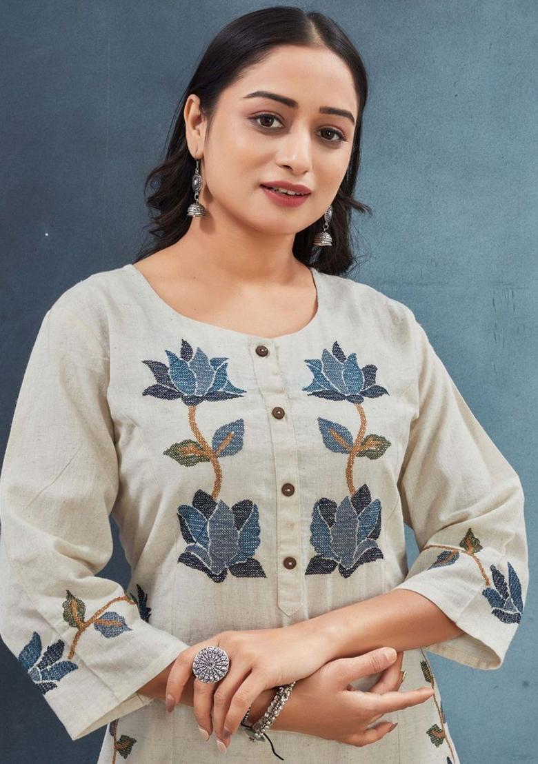Cream Embroidered Cotton Kurta Set - Indya