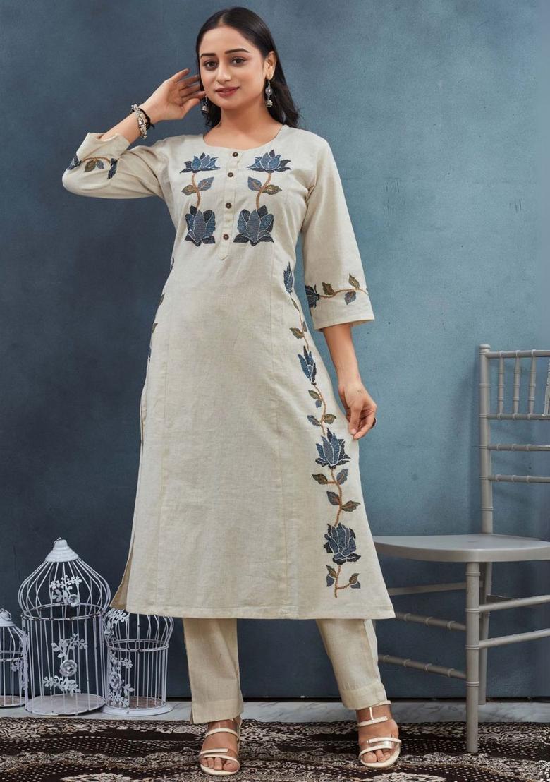 Cream Embroidered Cotton Kurta Set - Indya