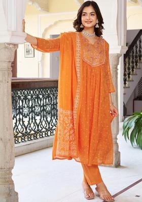 Orange Printed Cotton Kurta Set