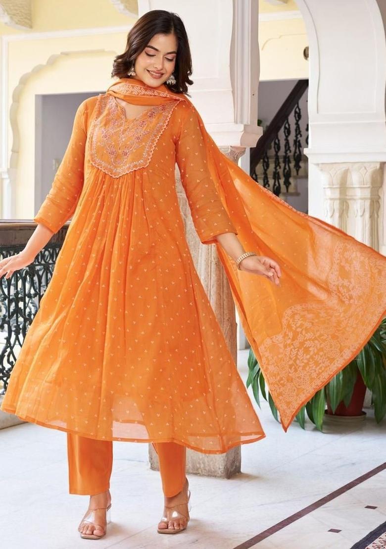 Orange Printed Cotton Kurta Set - Indya