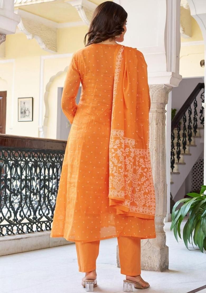 Orange Printed Cotton Kurta Set - Indya