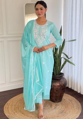 Turquoise Blue Embroidered Cotton Kurta Set