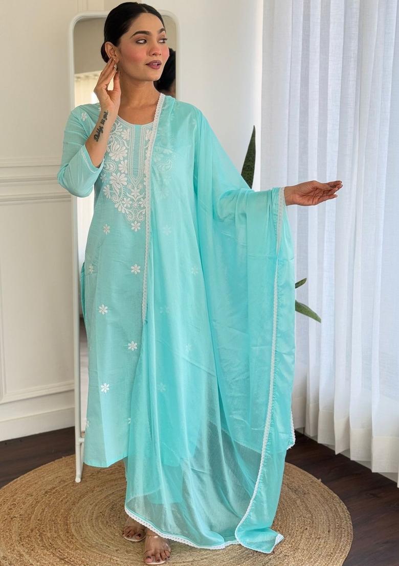 Turquoise Blue Embroidered Cotton Kurta Set - Indya