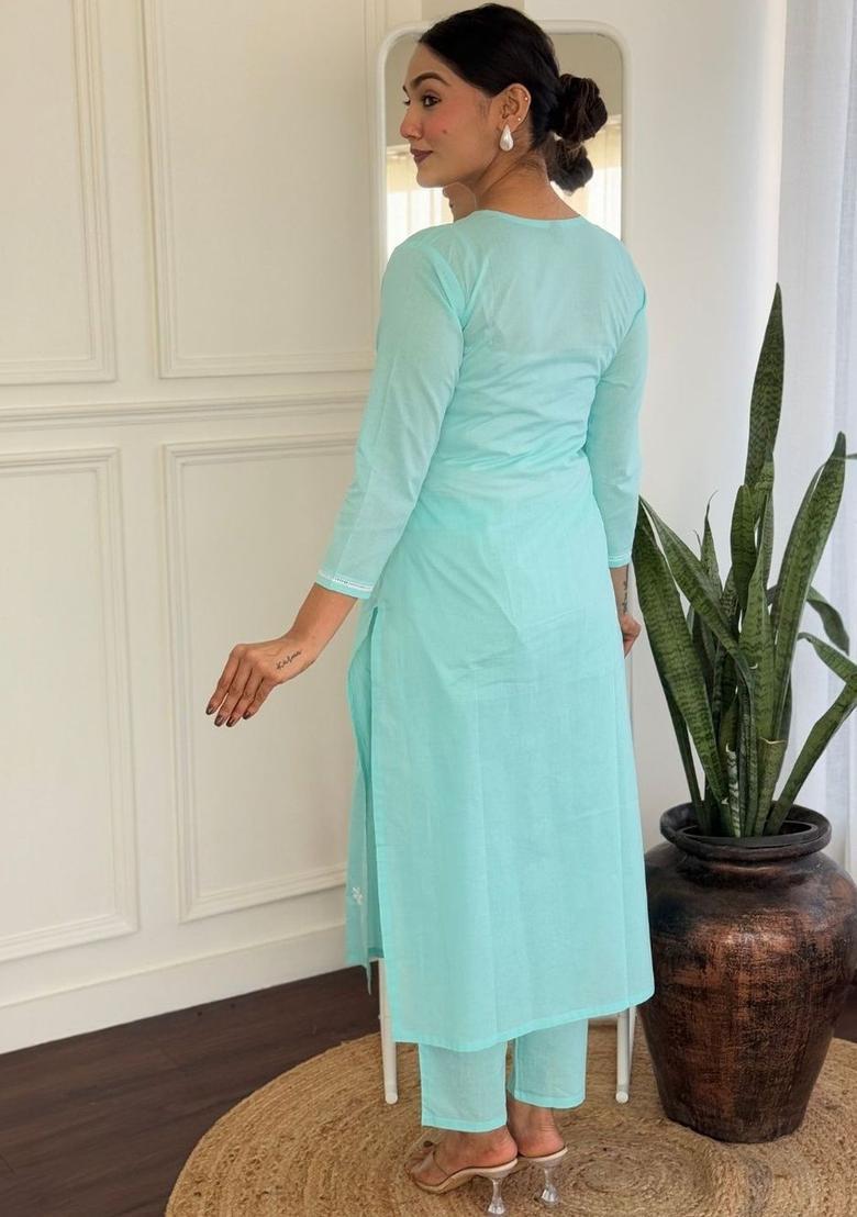 Turquoise Blue Embroidered Cotton Kurta Set - Indya
