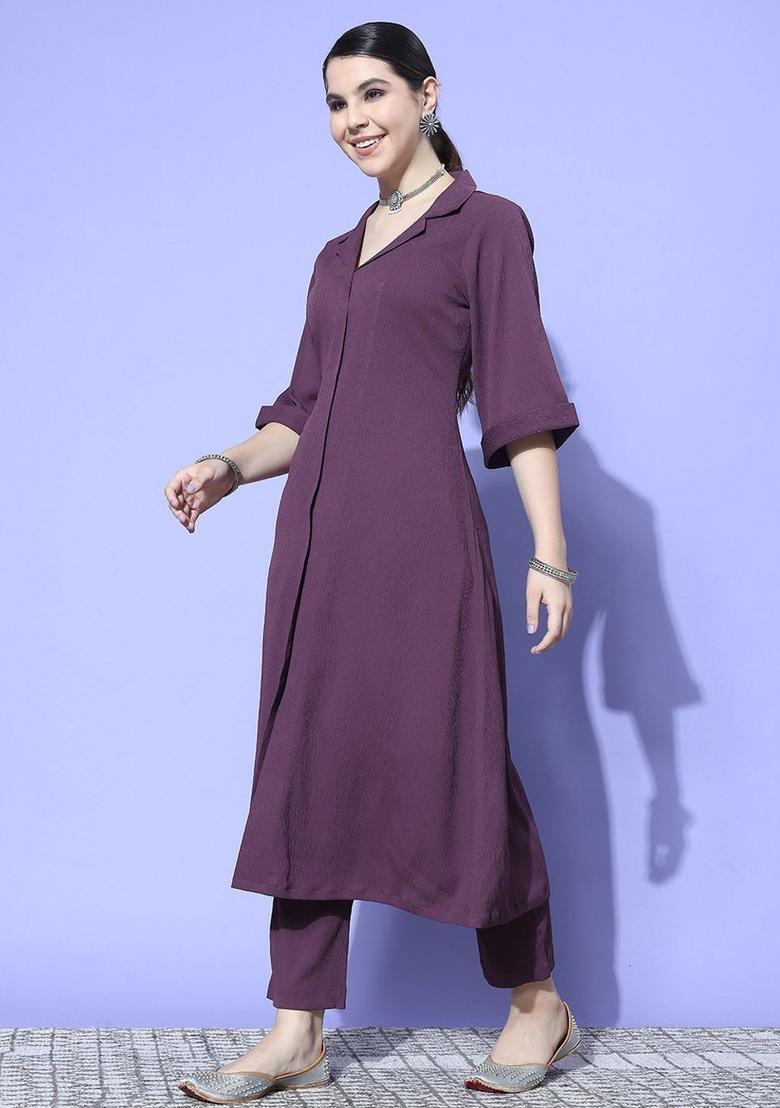 Purple Solid Silk Kurta Set - Indya