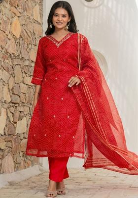 Red Embroidered Viscose Kurta Set