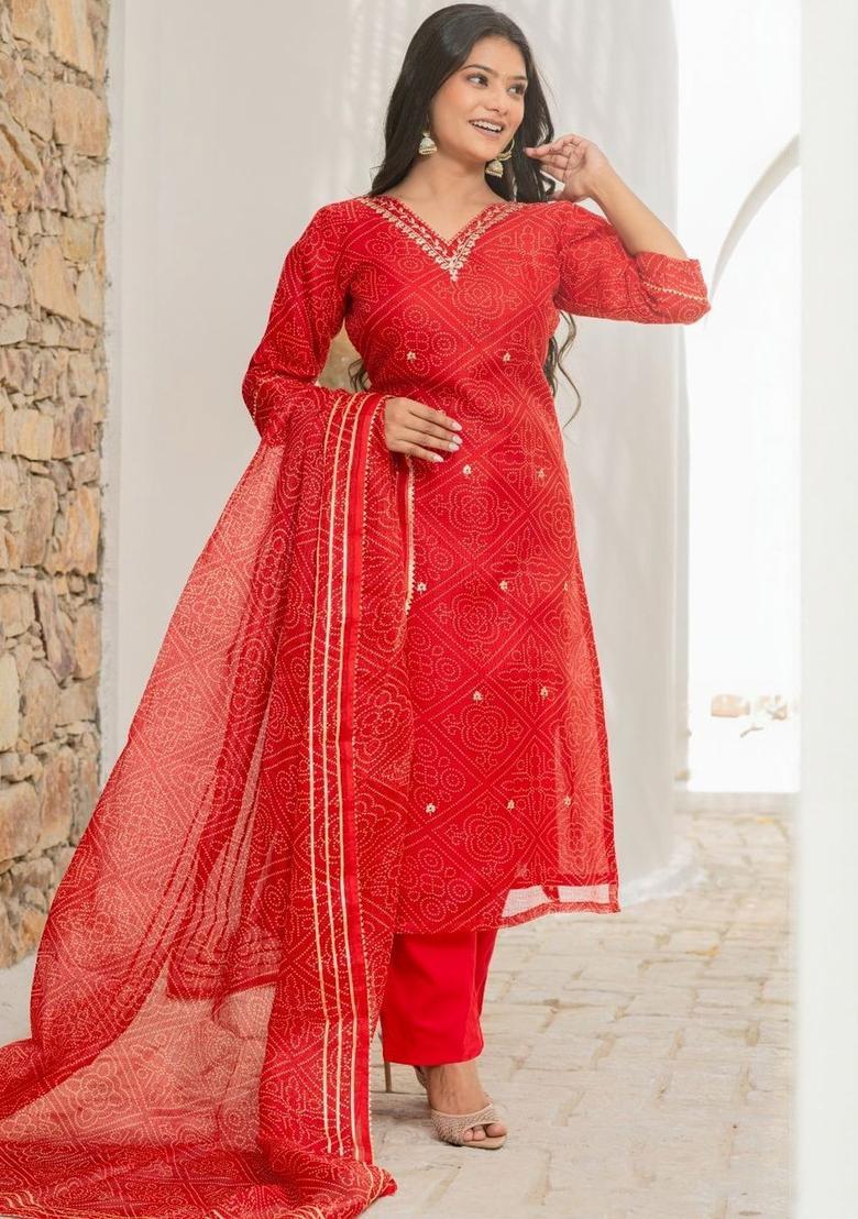 Red Embroidered Viscose Kurta Set - Indya