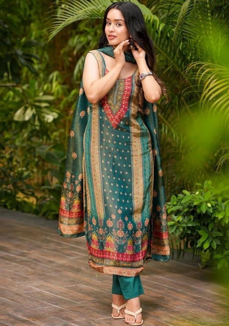 Teal Printed Silk Kurta Set - Indya