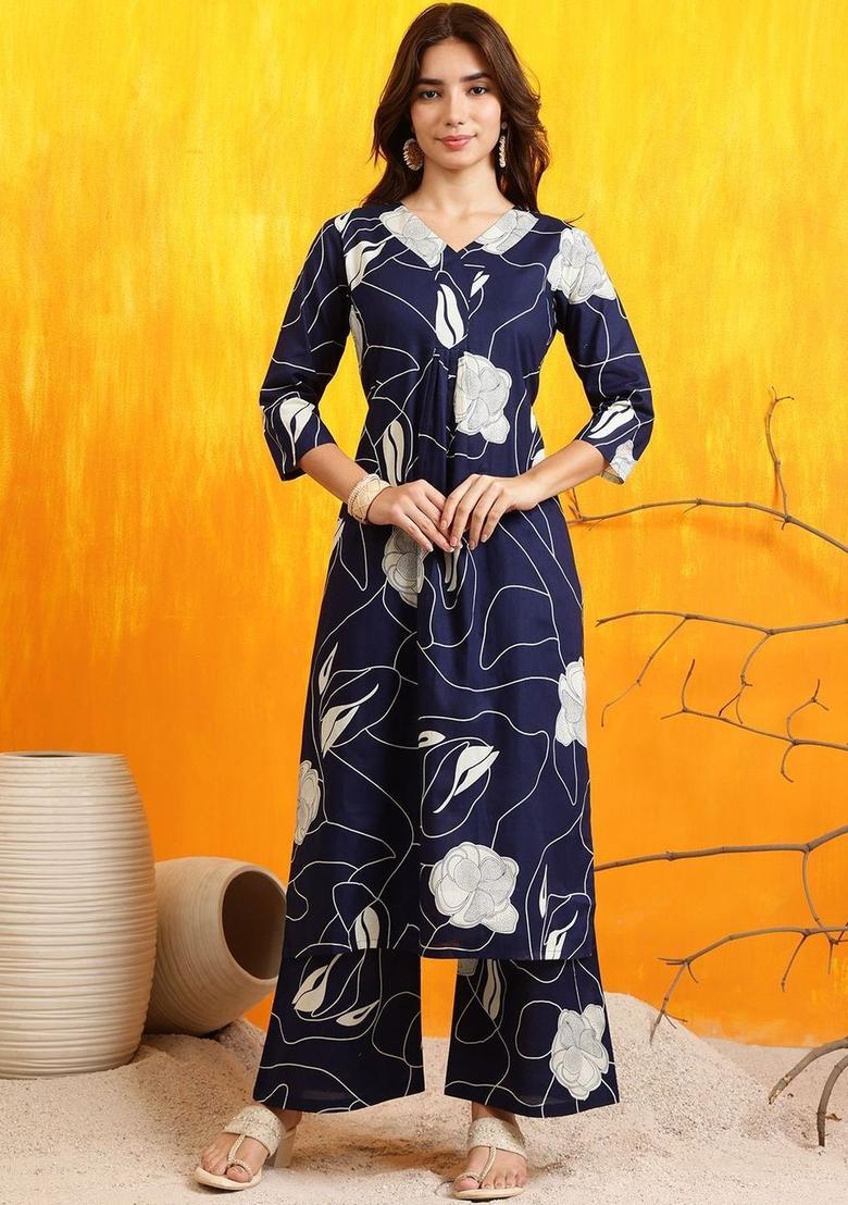 Navy Blue Printed Cotton Kurta Set - Indya